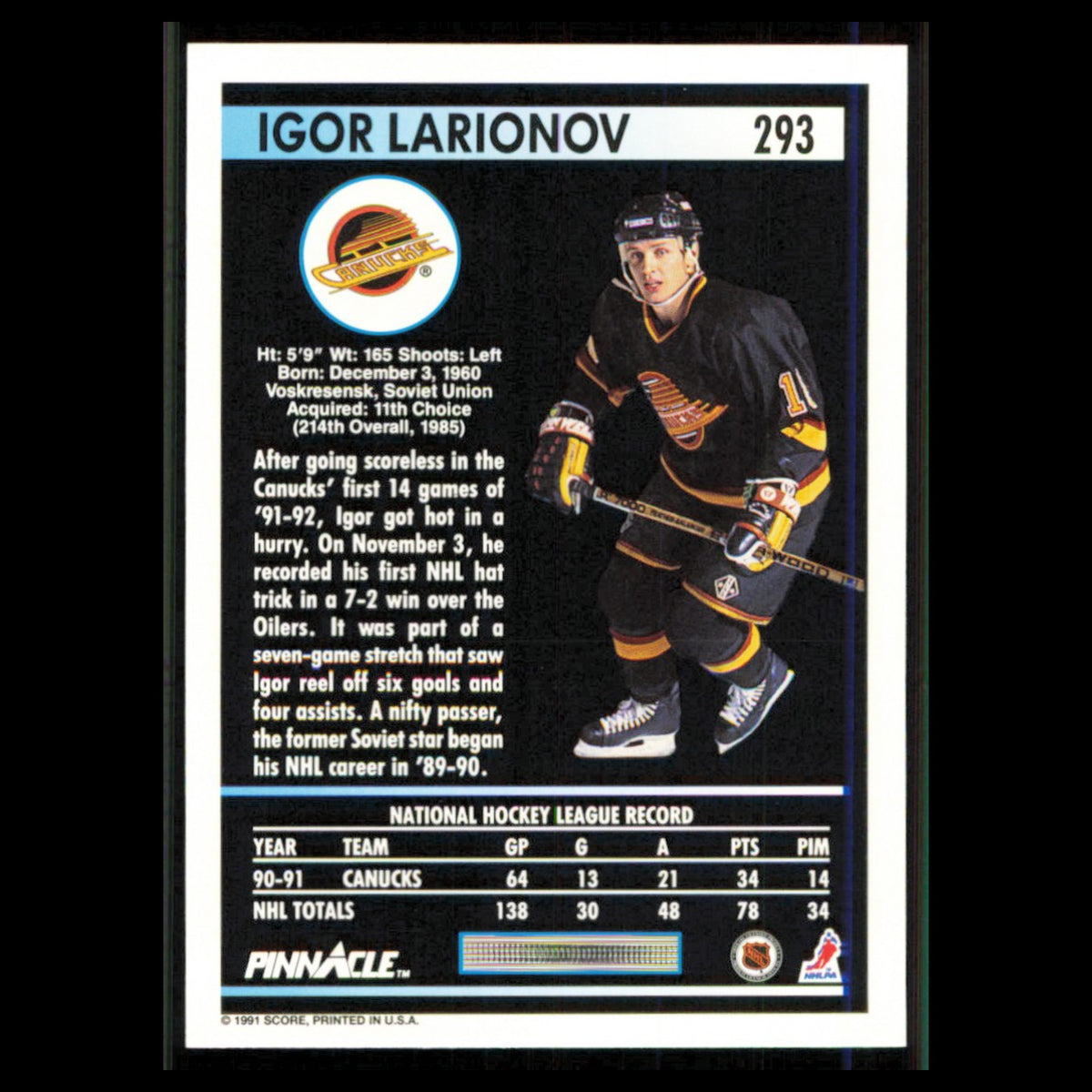 Igor Larionov #293 1991 Pinnacle Vancouver Canucks Hockey Card NHL NM