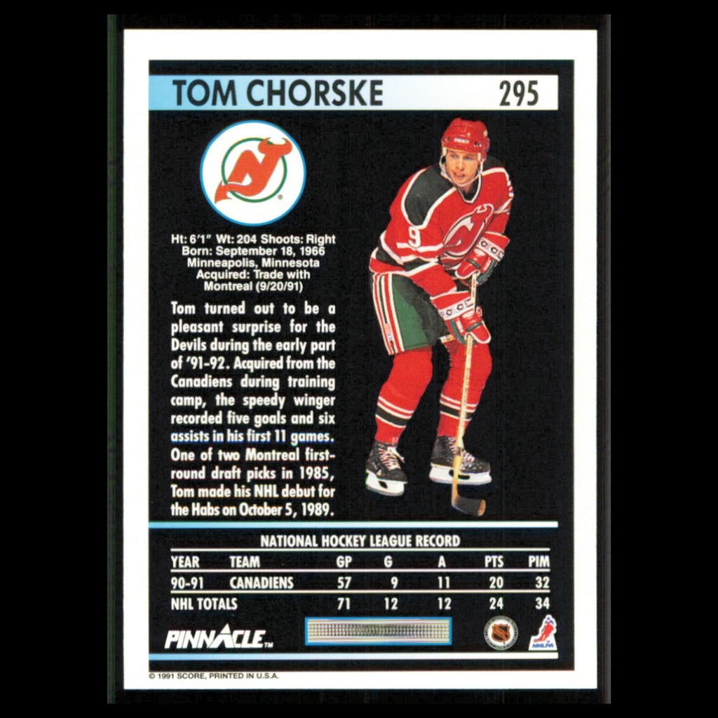 Tom Chorske #295 1991 Pinnacle New Jersey Devils Hockey Card NHL NM