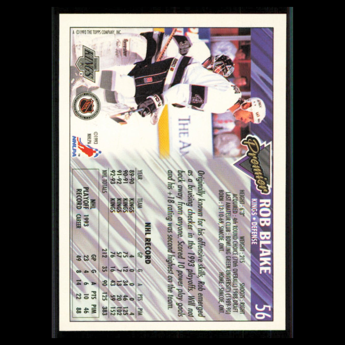 Rob Blake #56 1993 Topps Premier Los Angeles Kings Hockey Card NHL NM