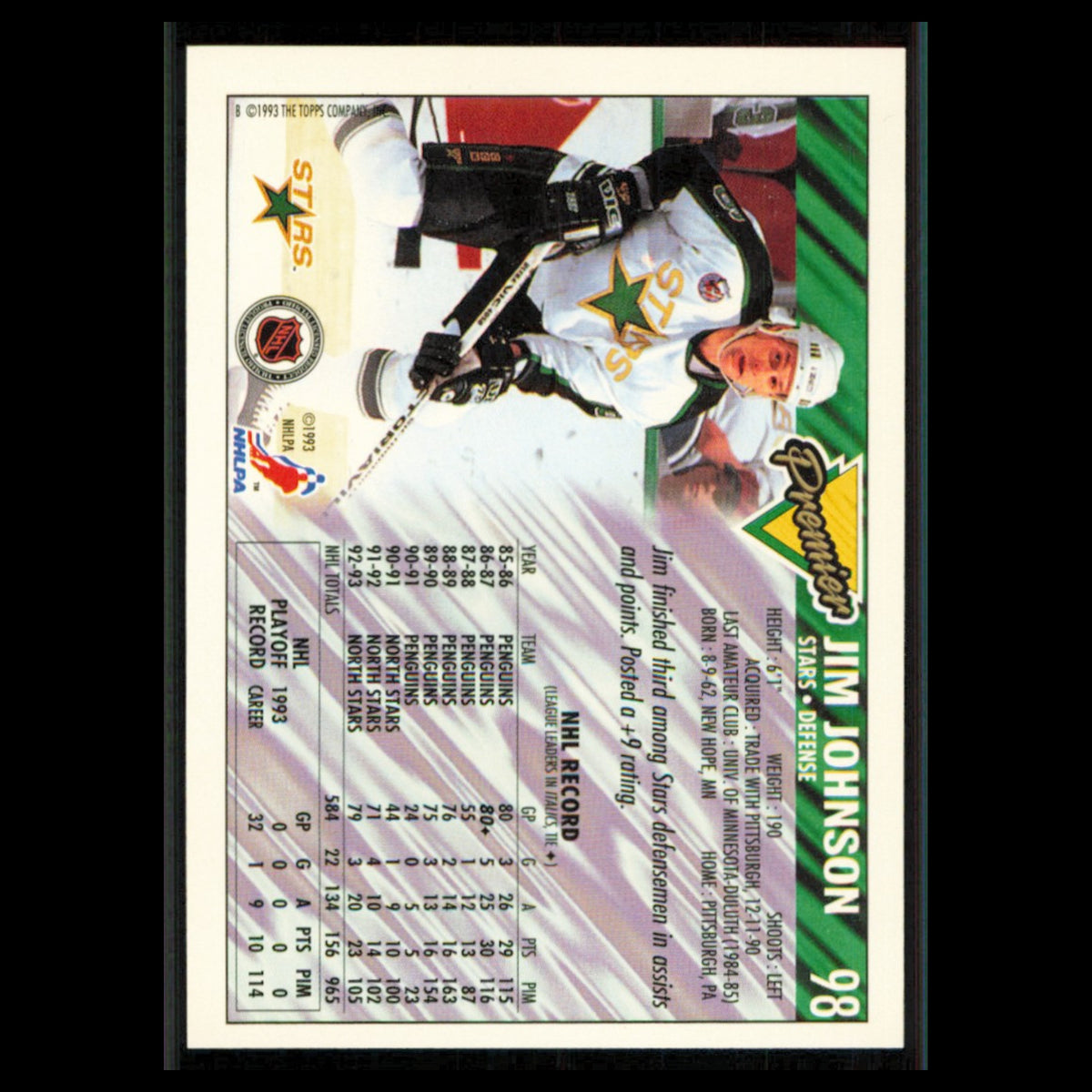 Jim Johnson #98 1993 Topps Premier Minnesota North Stars Hockey Card NHL NM