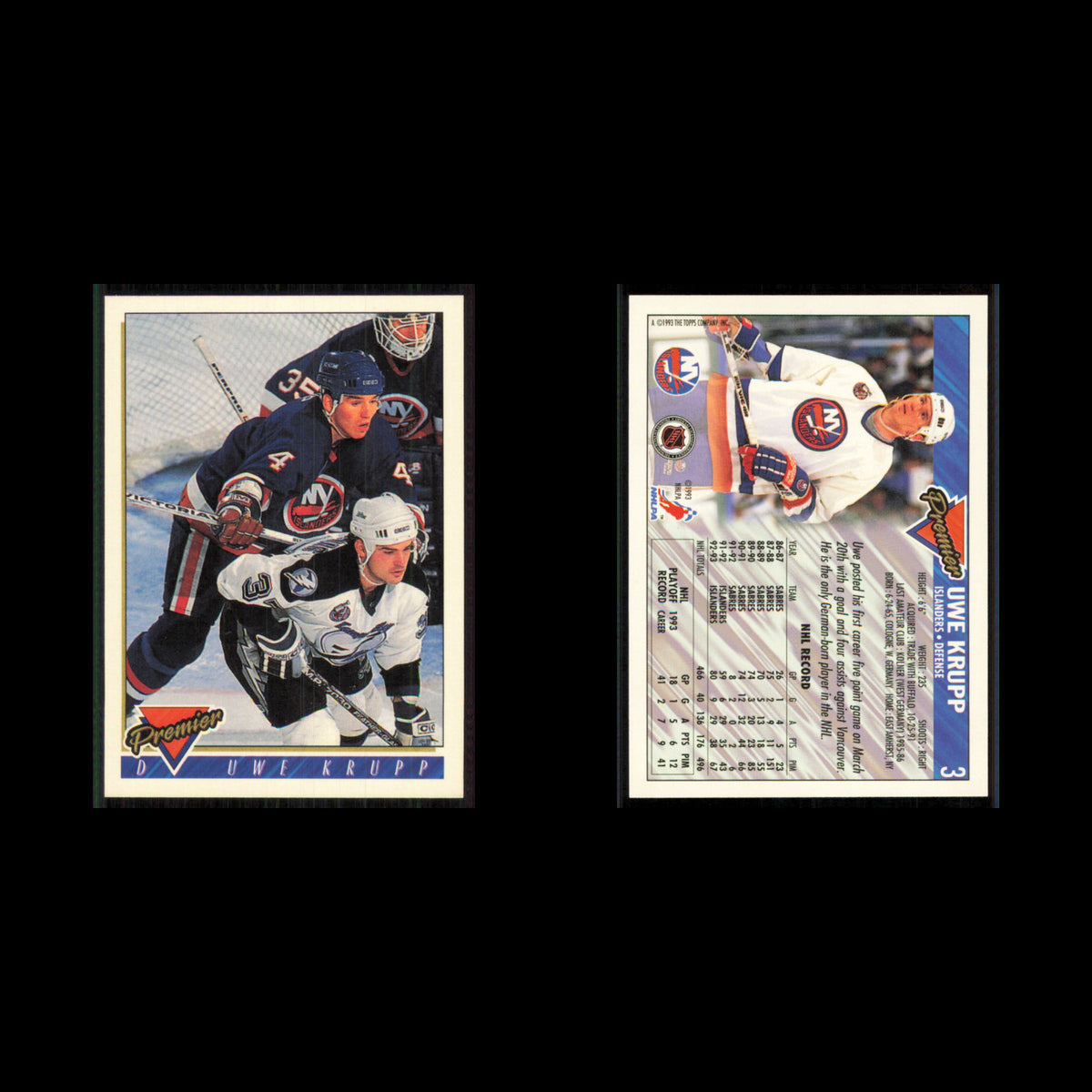 Uwe Krupp #3 1993 Topps Premier New York Islanders Hockey Card NHL NM
