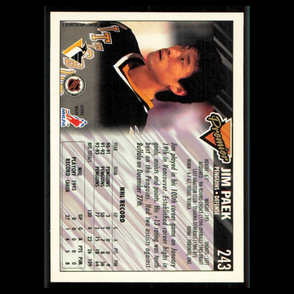 Jim Paek #243 1993 Topps Premier Pittsburgh Penguins Hockey Card NHL NM