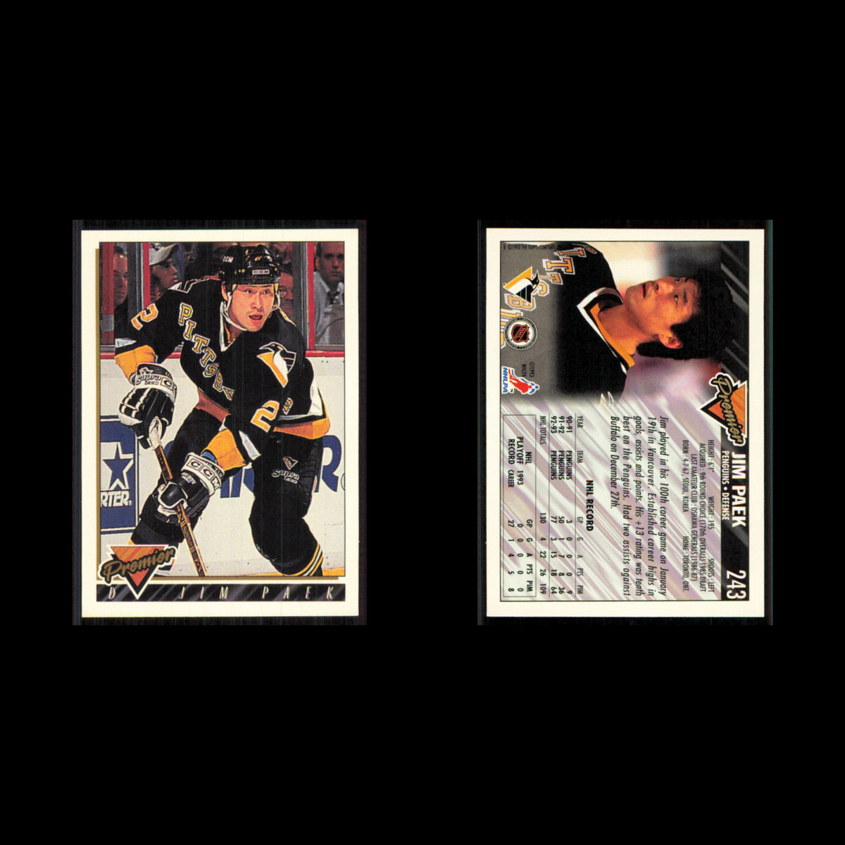 Jim Paek #243 1993 Topps Premier Pittsburgh Penguins Hockey Card NHL NM