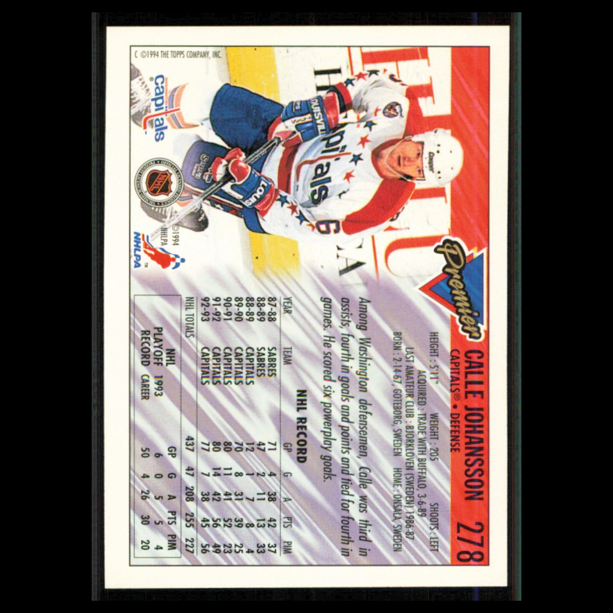 Calle Johansson #278 1993 Topps Premier Washington Capitals Hockey Card NHL NM