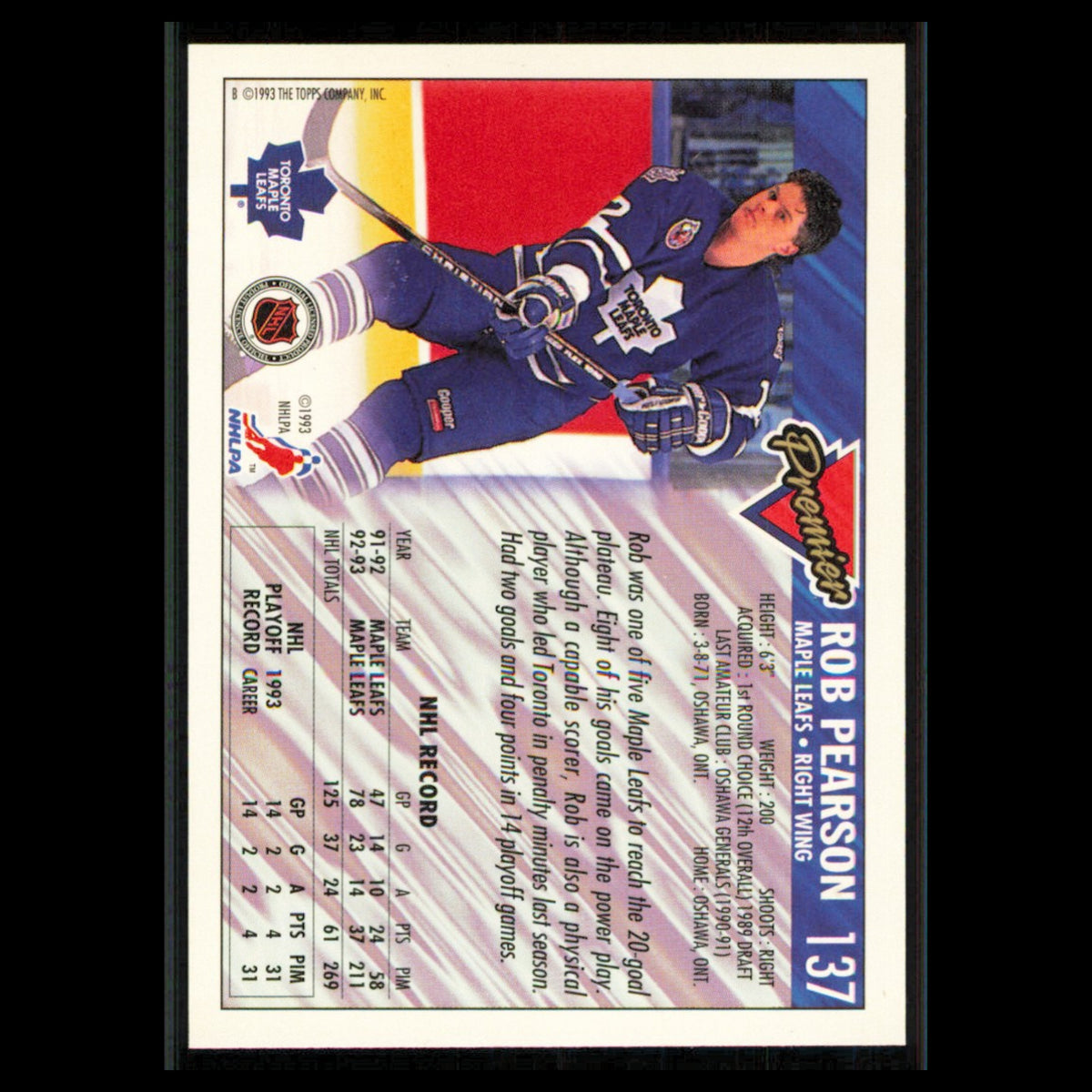 Rob Pearson #137 1993 Topps Premier Toronto Maple Leafs Hockey Card NHL NM