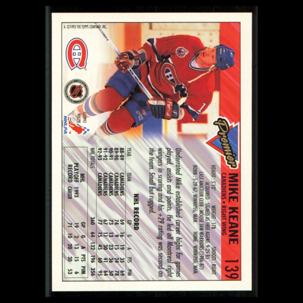 Mike Keane #139 1993 Topps Premier Montreal Canadiens Hockey Card NHL NM