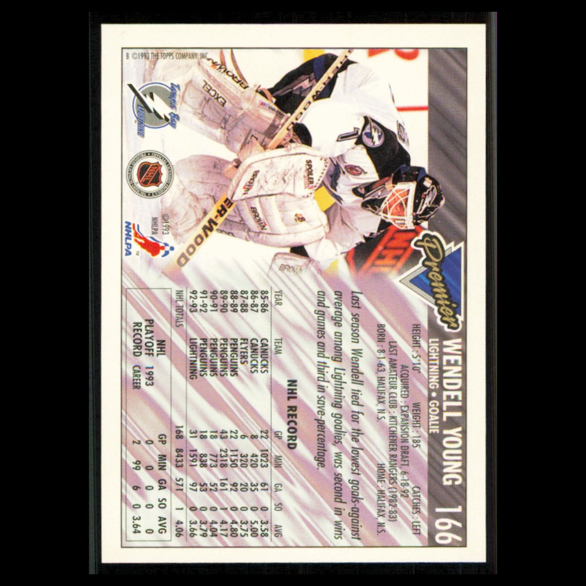 Wendell Young #166 1993 Topps Premier Tampa Bay Lightning Hockey Card NHL NM