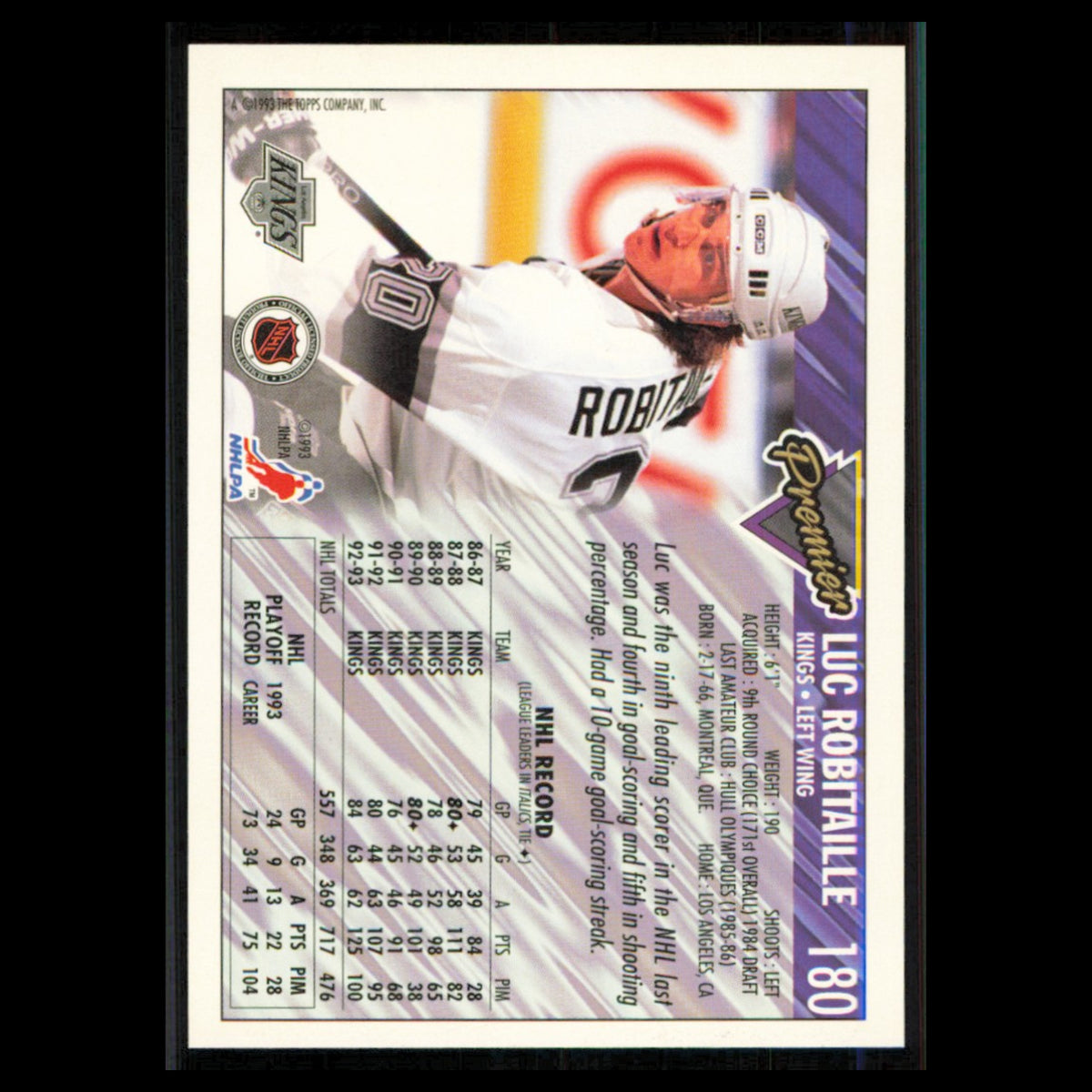 Luc Robitaille #180 1993 Topps Premier Los Angeles Kings Hockey Card NHL NM