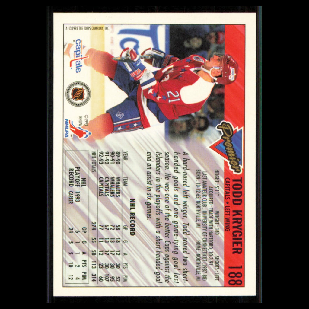 Todd Krygier #188 1993 Topps Premier Washington Capitals Hockey Card NHL NM