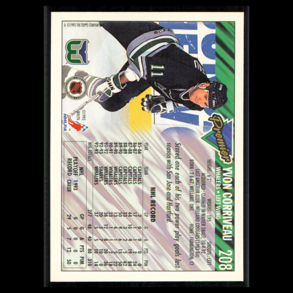 Yvon Corriveau #208 1993 Topps Premier Hartford Whalers Hockey Card NHL NM