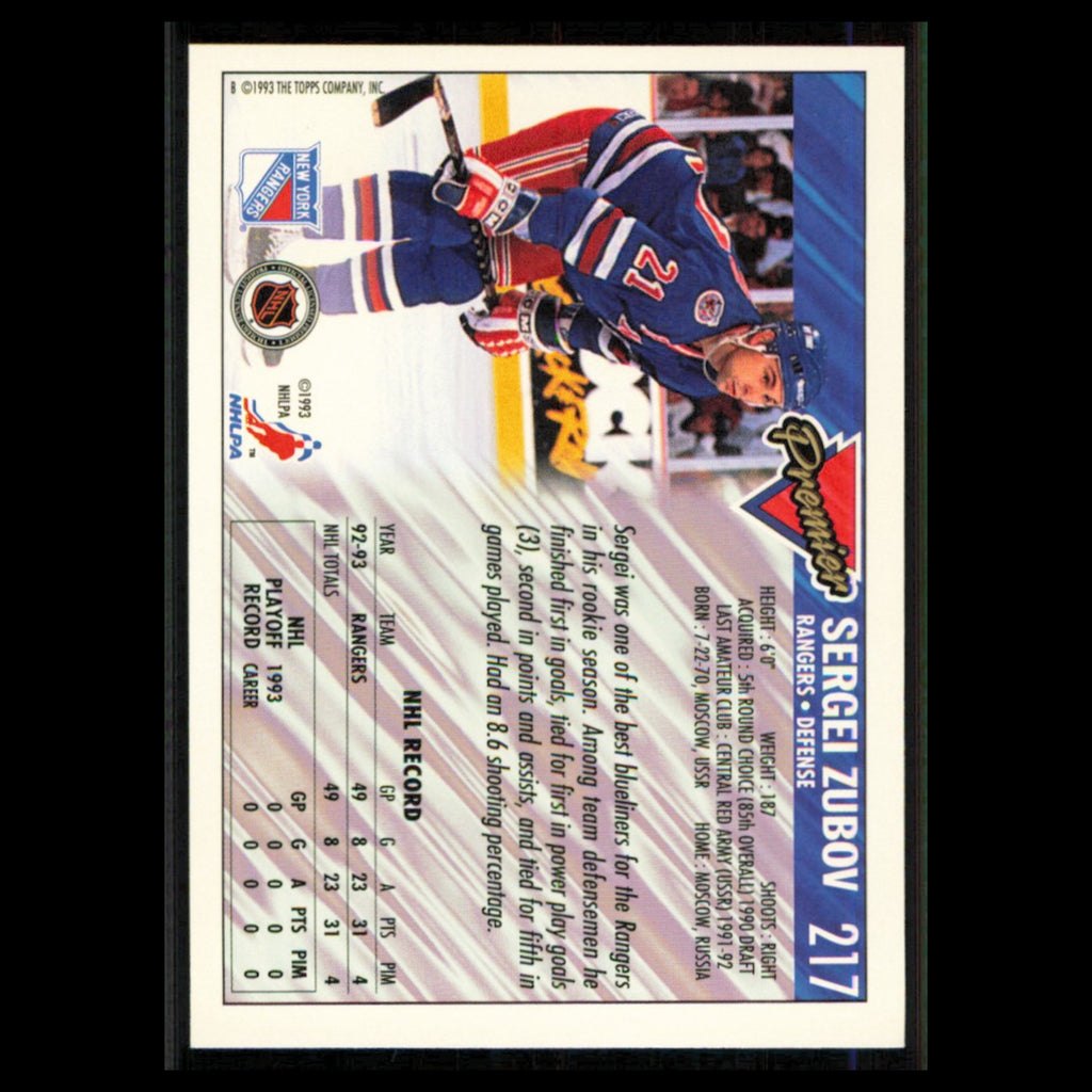 Sergei Zubov #217 1993 Topps Premier New York Rangers Hockey Card NHL NM