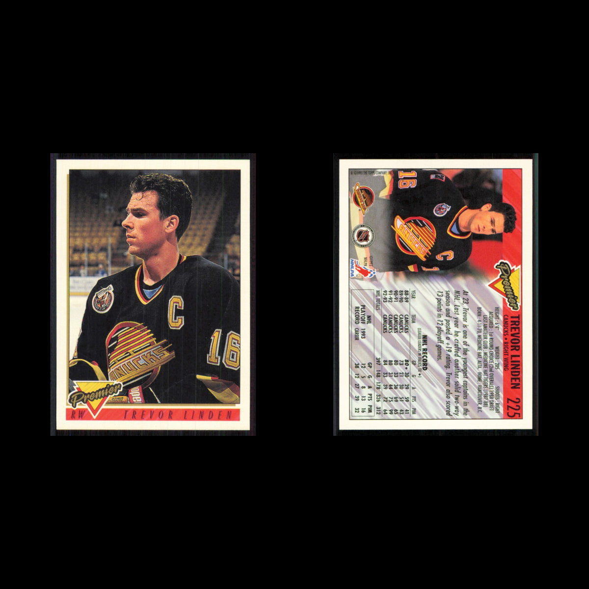 Trevor Linden #225 1993 Topps Premier Vancouver Canucks Hockey Card NHL NM