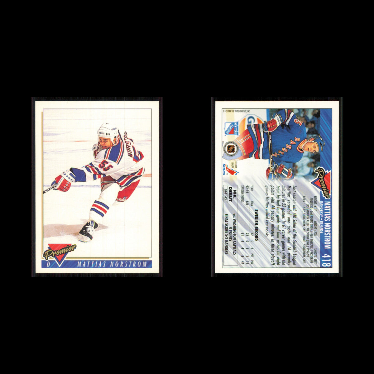 Mattias Norstrom Rookie #418 1993 Topps Premier New York Rangers Hockey Card NHL