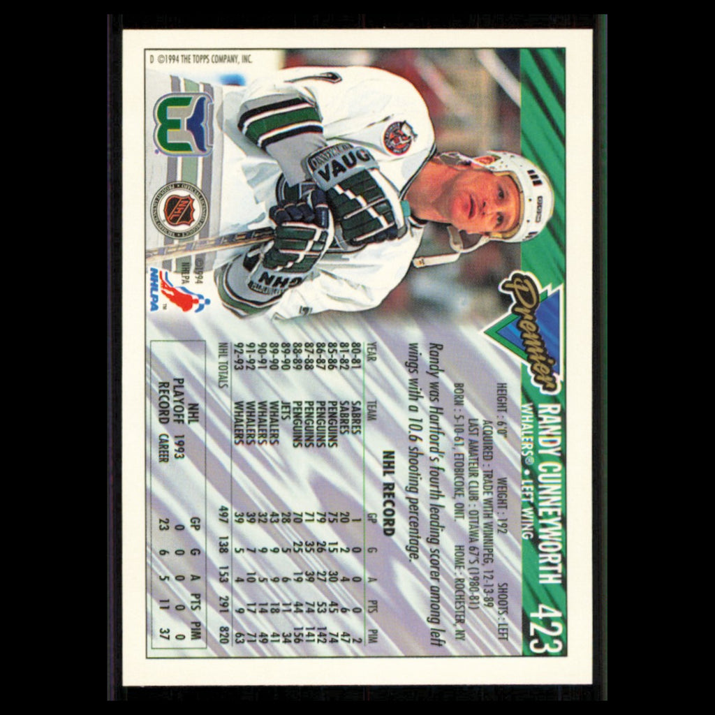 Randy Cunneyworth #423 1993 Topps Premier Hartford Whalers Hockey Card NHL NM