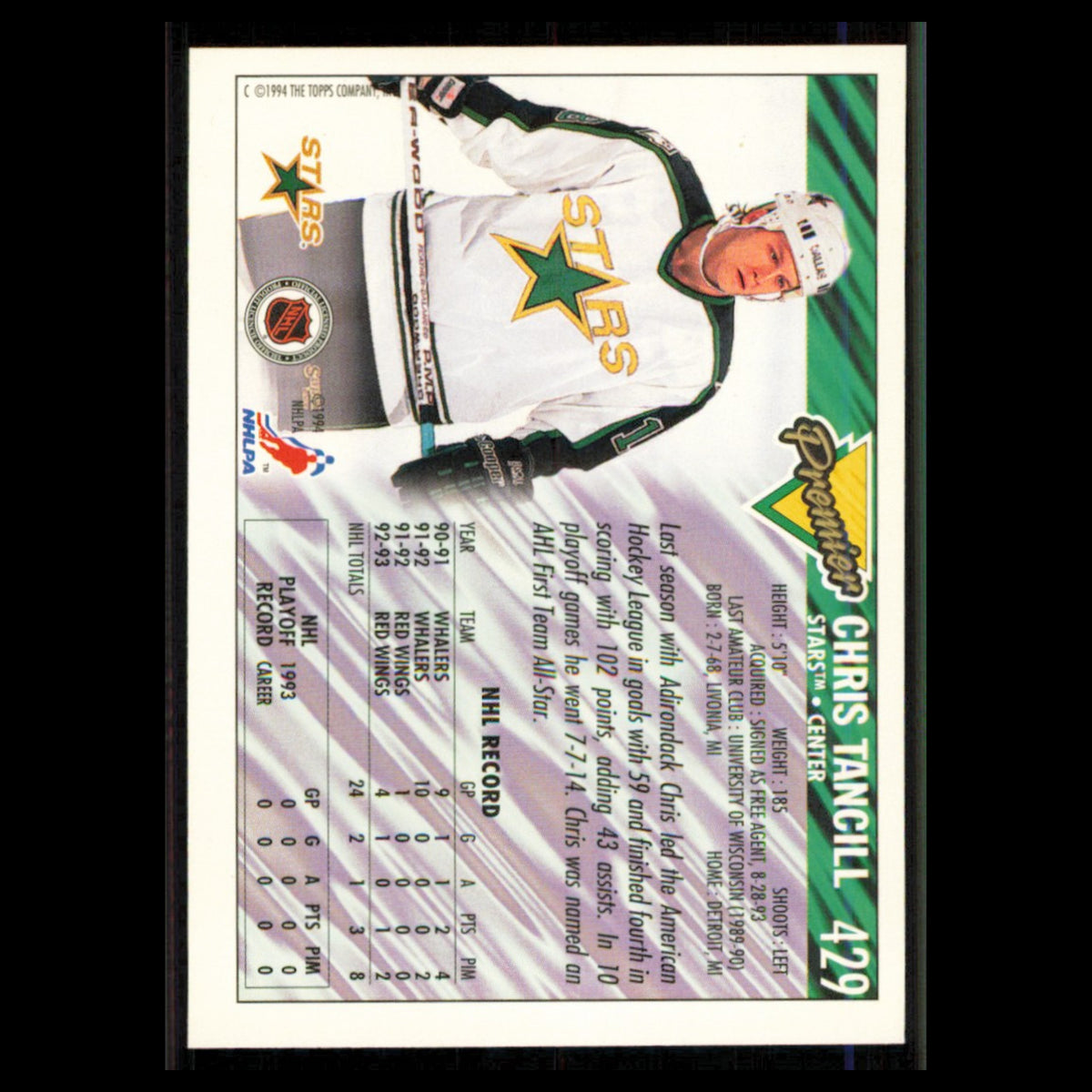 Chris Tancill #429 1993 Topps Premier Dallas Stars Hockey Card NHL NM