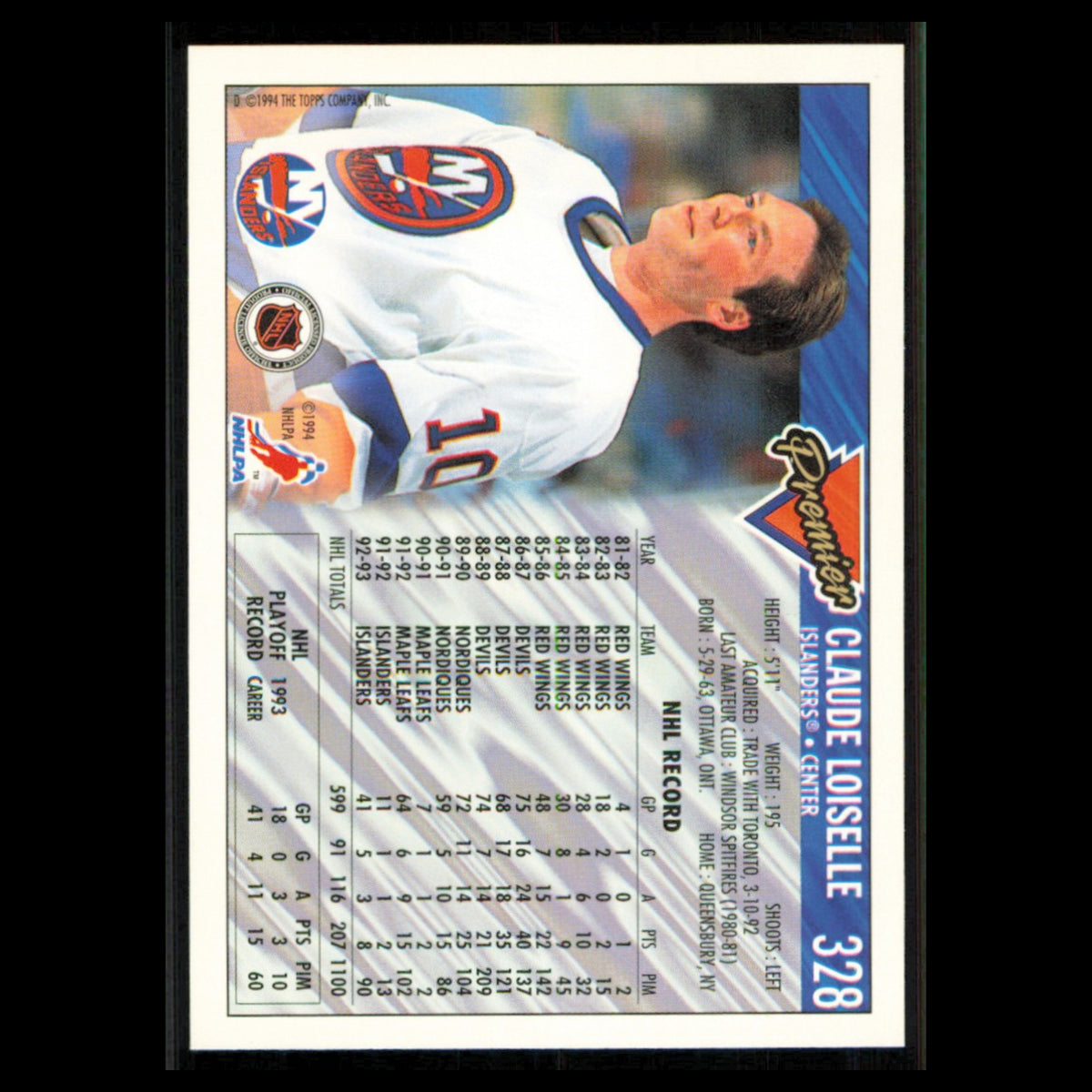 Claude Loiselle #328 1993 Topps Premier New York Islanders Hockey Card NHL NM