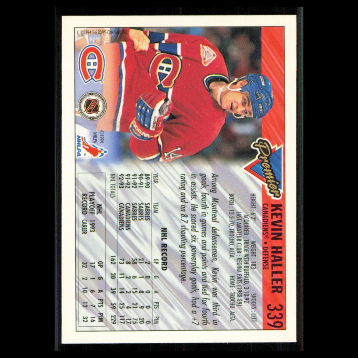 Kevin Haller #339 1993 Topps Premier Montreal Canadiens Hockey Card NHL NM