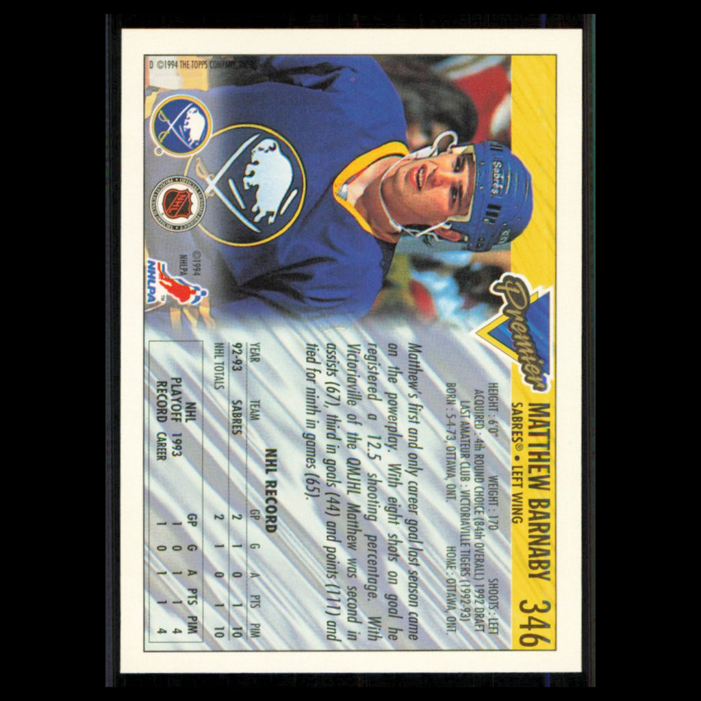 Matthew Barnaby #346 1993 Topps Premier Buffalo Sabres Hockey Card NHL NM