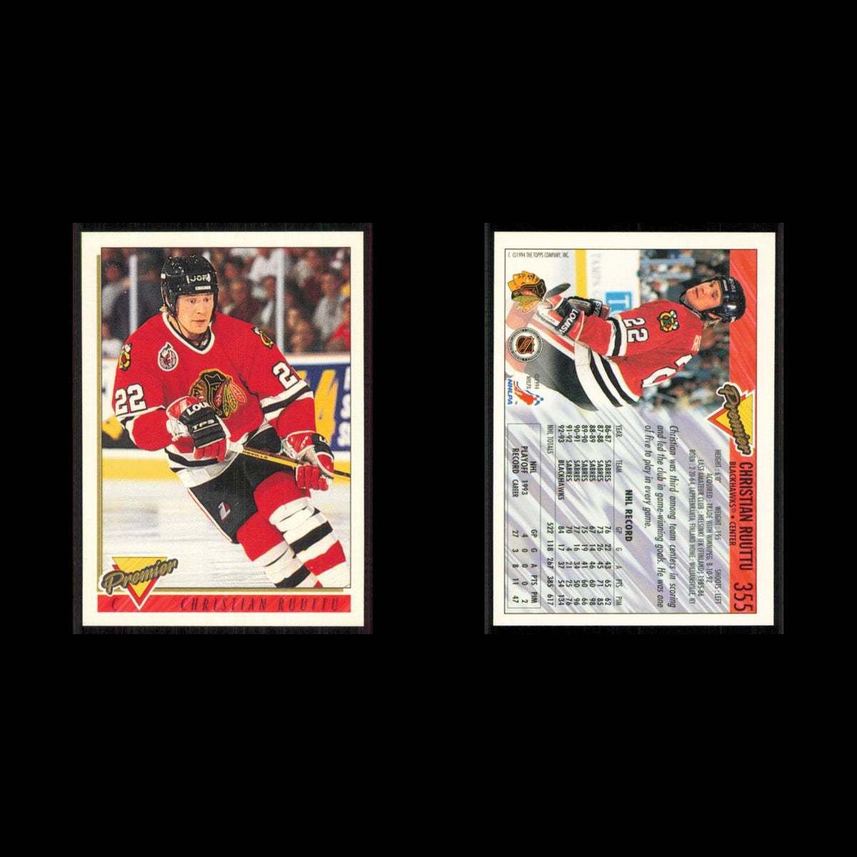 Christian Ruuttu #355 1993 Topps Premier Chicago Blackhawks Hockey Card NHL NM