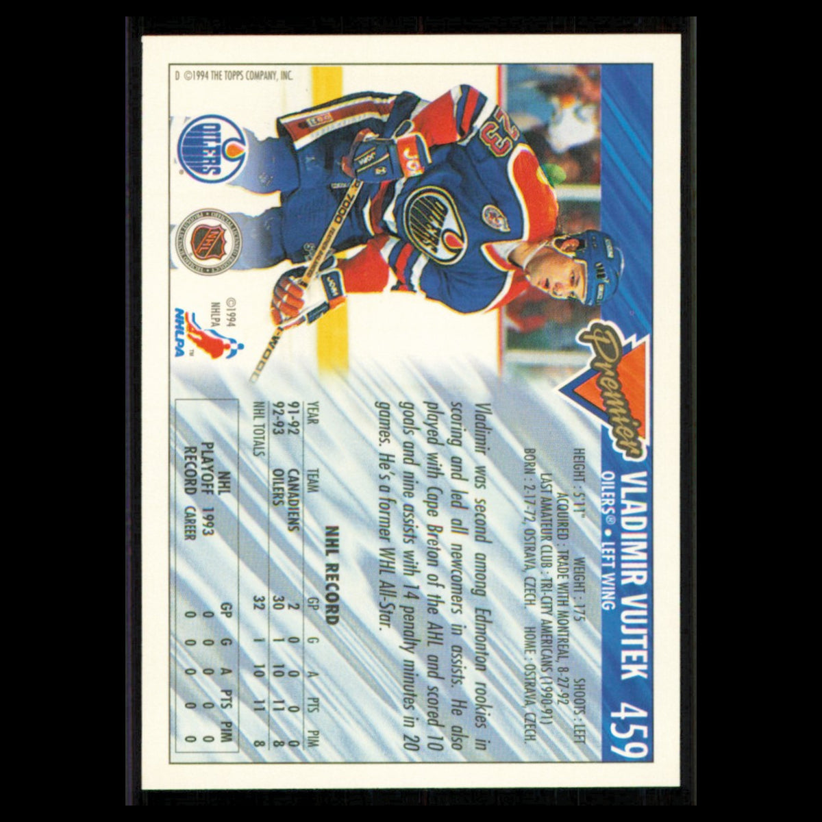 Vladimir Vujtek #459 1993 Topps Premier Edmonton Oilers Hockey Card NHL NM