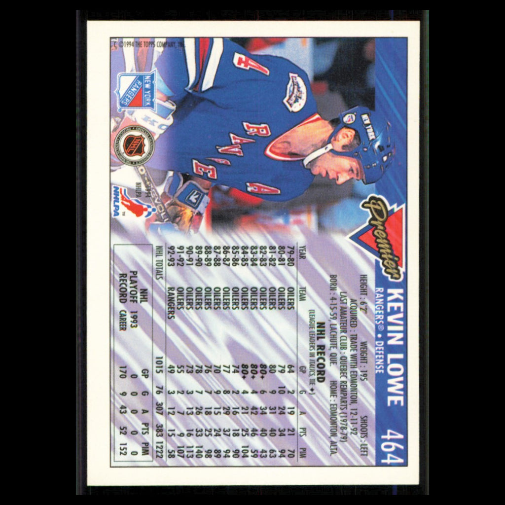 Kevin Lowe #464 1993 Topps Premier New York Rangers Hockey Card NHL NM