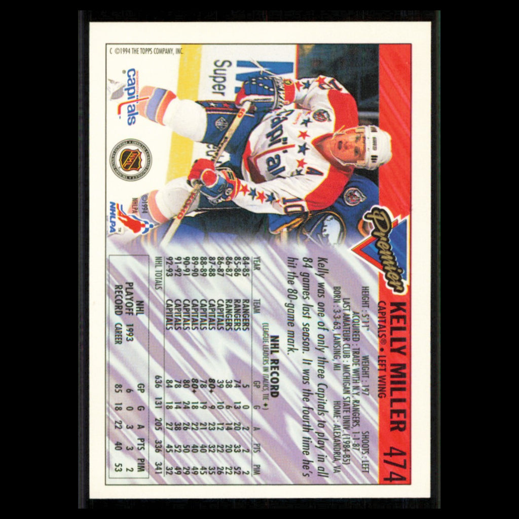 Kelly Miller #474 1993 Topps Premier Washington Capitals Hockey Card NHL NM