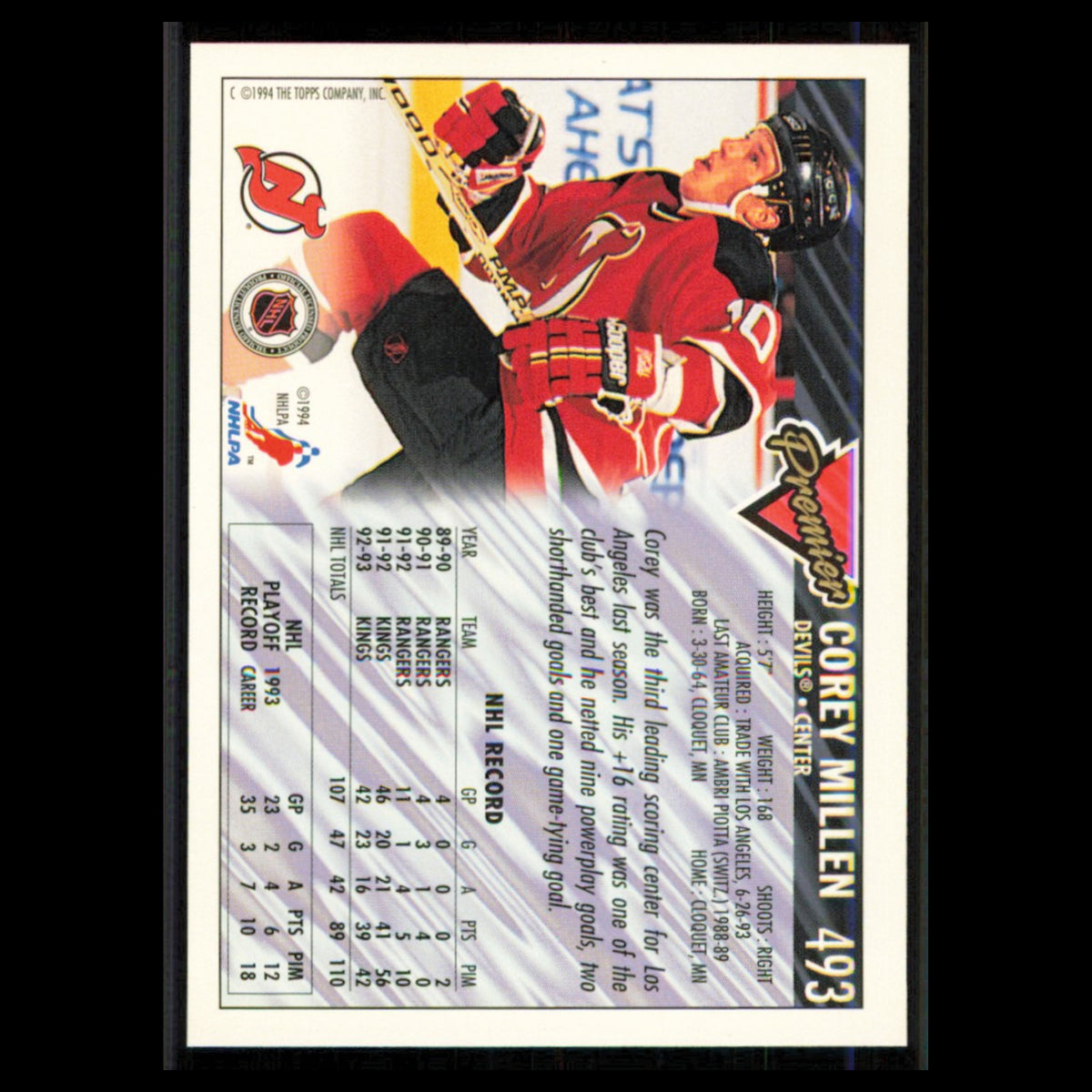 Corey Millen #493 1993 Topps Premier New Jersey Devils Hockey Card NHL NM