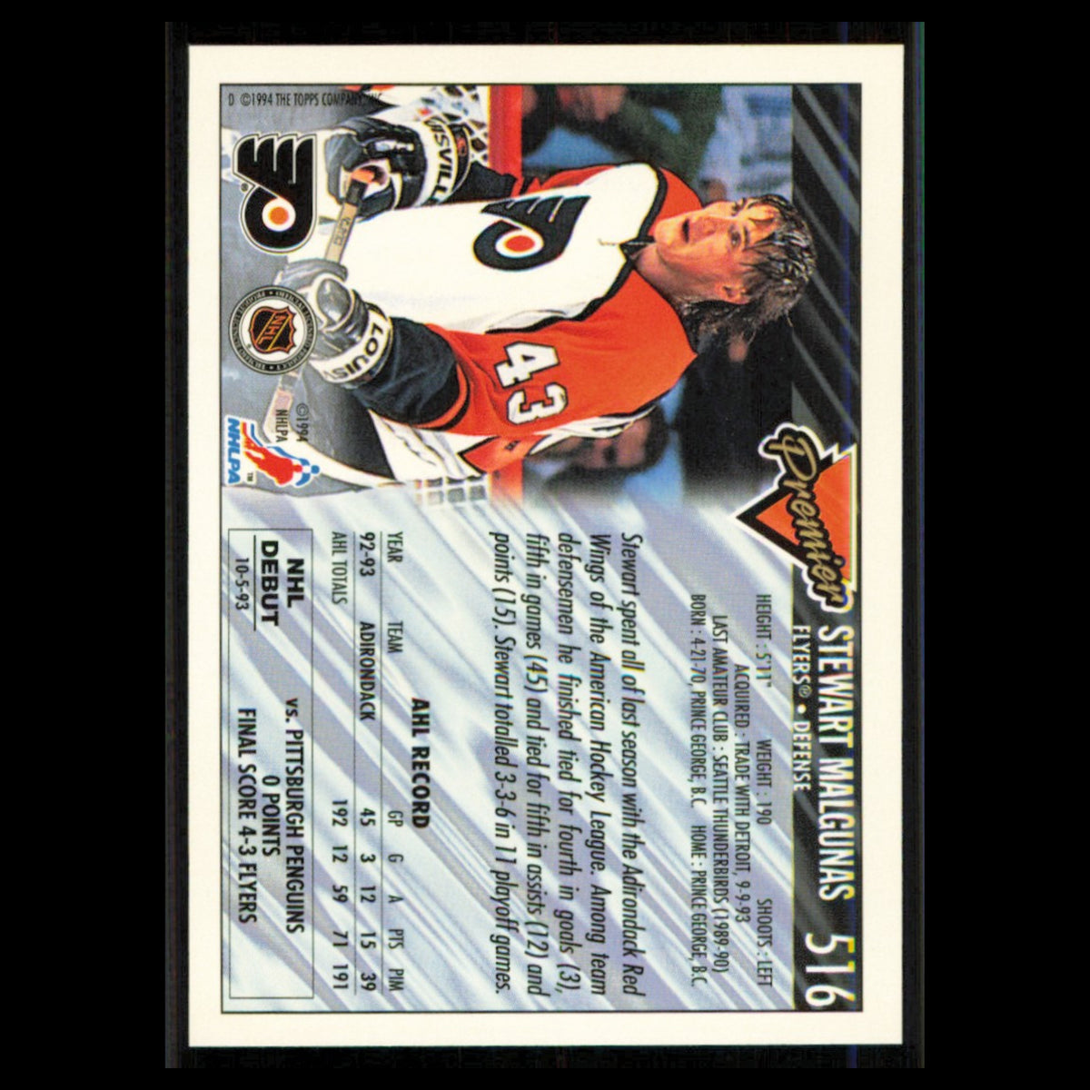 Stewart Malgunas Rookie #516 1993 Topps Premier Philadelphia Flyers Hockey Card