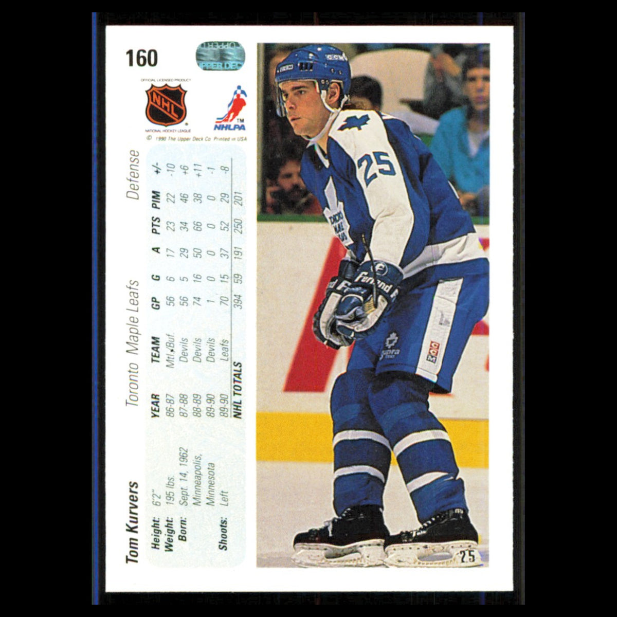 Tom Kurvers #160 1990 Upper Deck Toronto Maple Leafs Hockey Card NHL NM