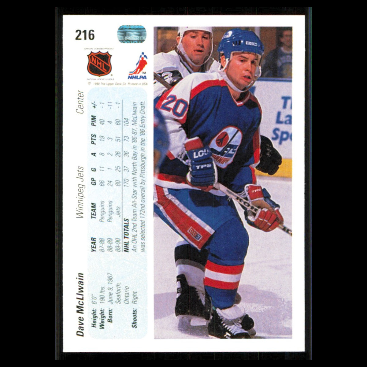 Dave McLlwain #216 1990 Upper Deck Winnipeg Jets Hockey Card NHL NM