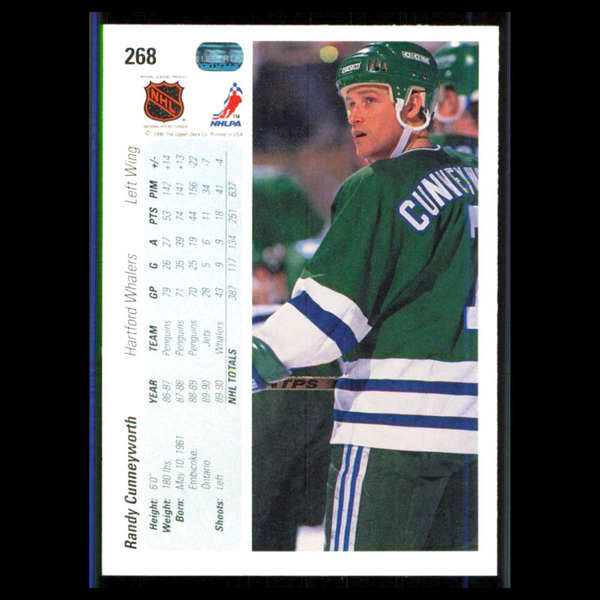 Randy Cunneyworth #268 1990 Upper Deck Hartford Whalers Hockey Card NHL NM