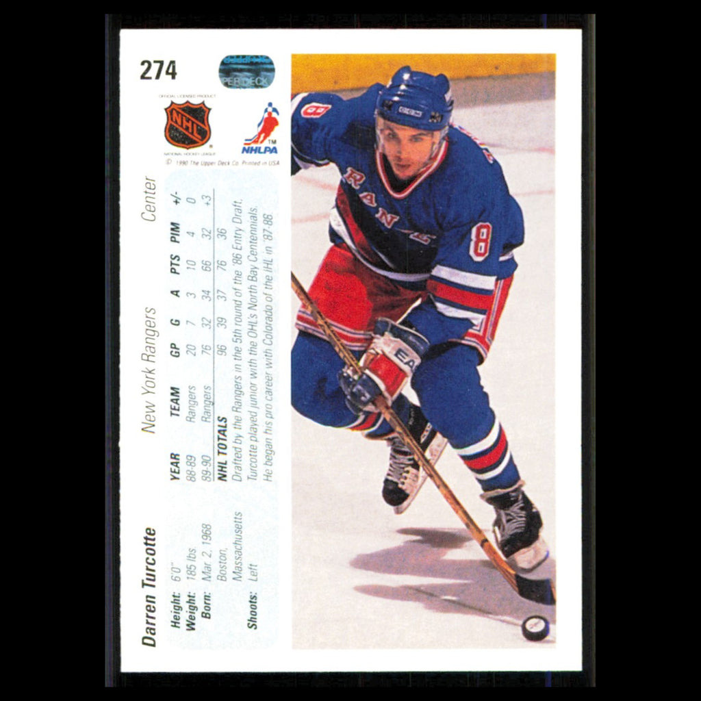 Darren Turcotte Rookie #274 1990 Upper Deck New York Rangers Hockey Card NHL NM