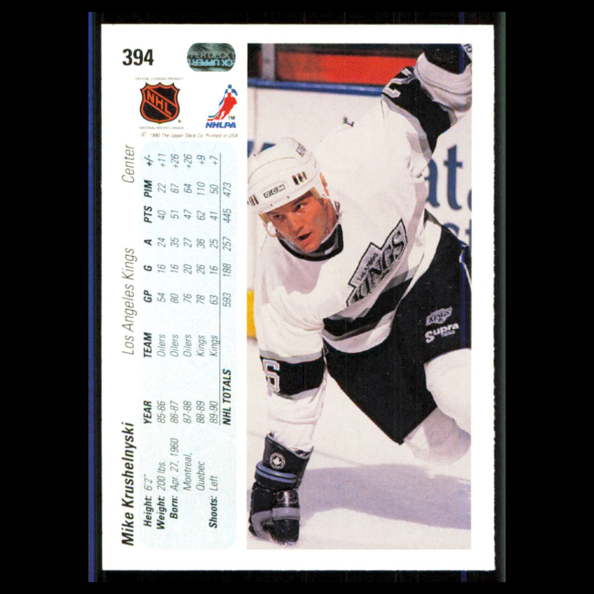 Mike Krushelnyski #394 1990 Upper Deck Los Angeles Kings Hockey Card NHL NM