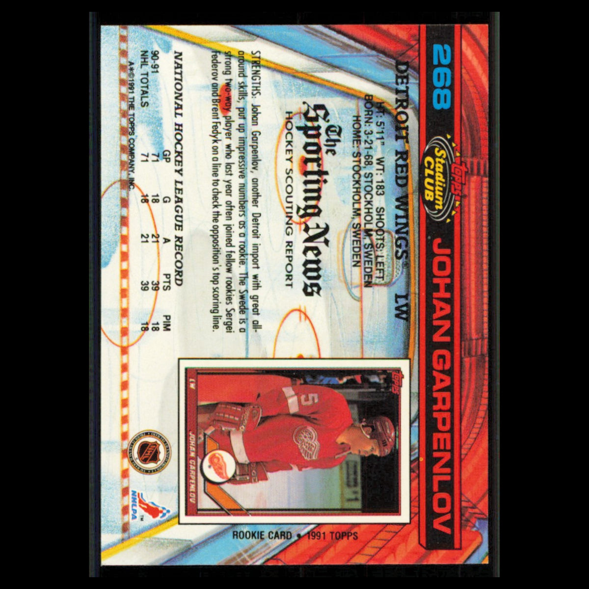 Johan Garpenlov #268 1991 Topps Stadium Club Detroit Red Wings Hockey Card NHL