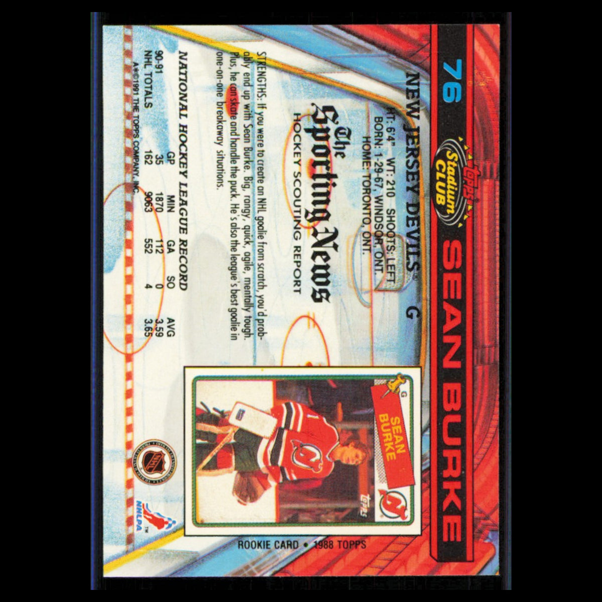 Sean Burke #76 1991 Topps Stadium Club New Jersey Devils Hockey Card NHL NM