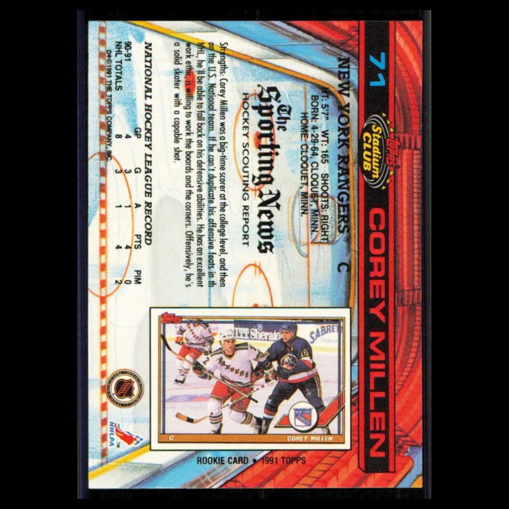 Corey Millen Rookie #71 1991 Topps Stadium Club New York Rangers Hockey Card NHL