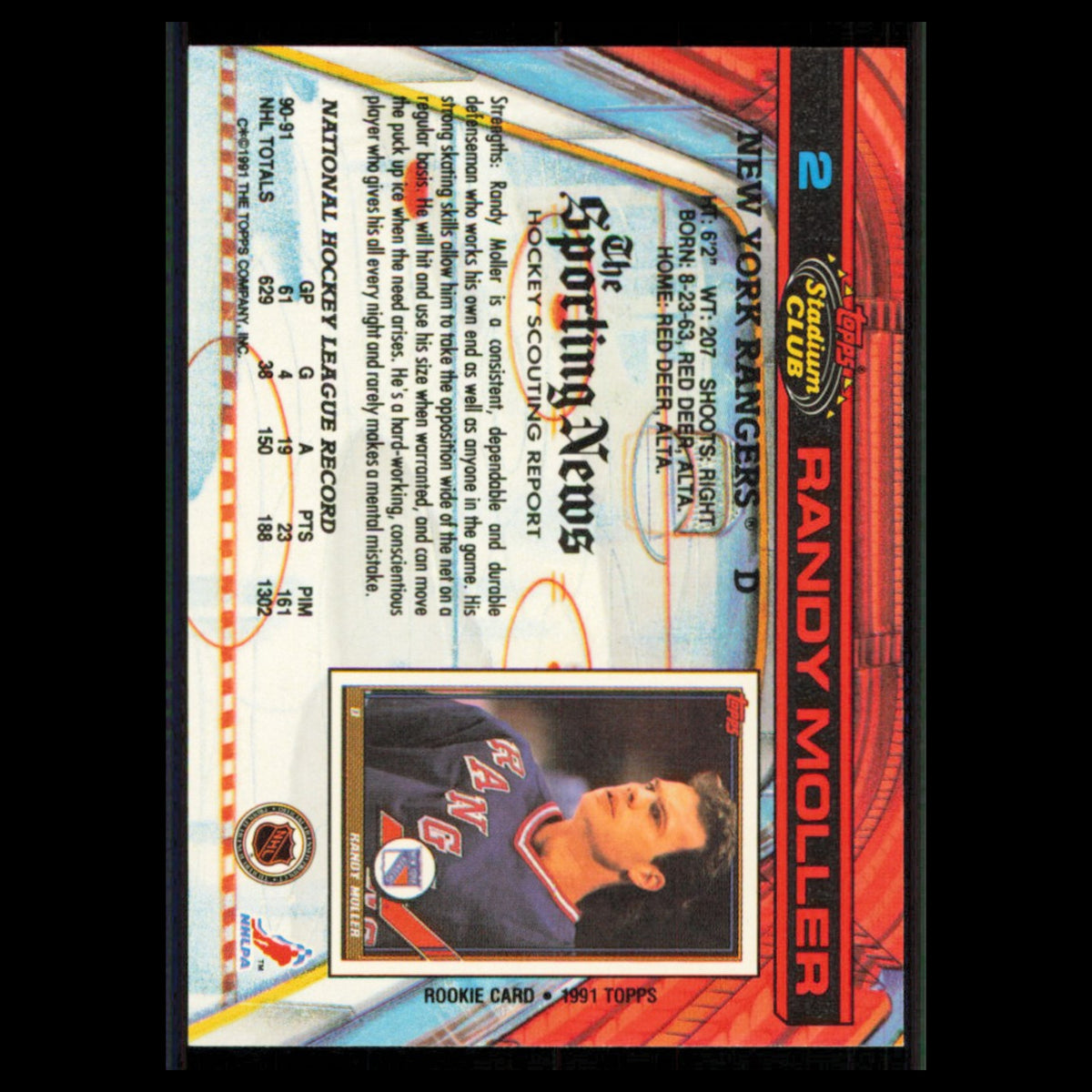 Randy Moller #2 1991 Topps Stadium Club New York Rangers Hockey Card NHL NM