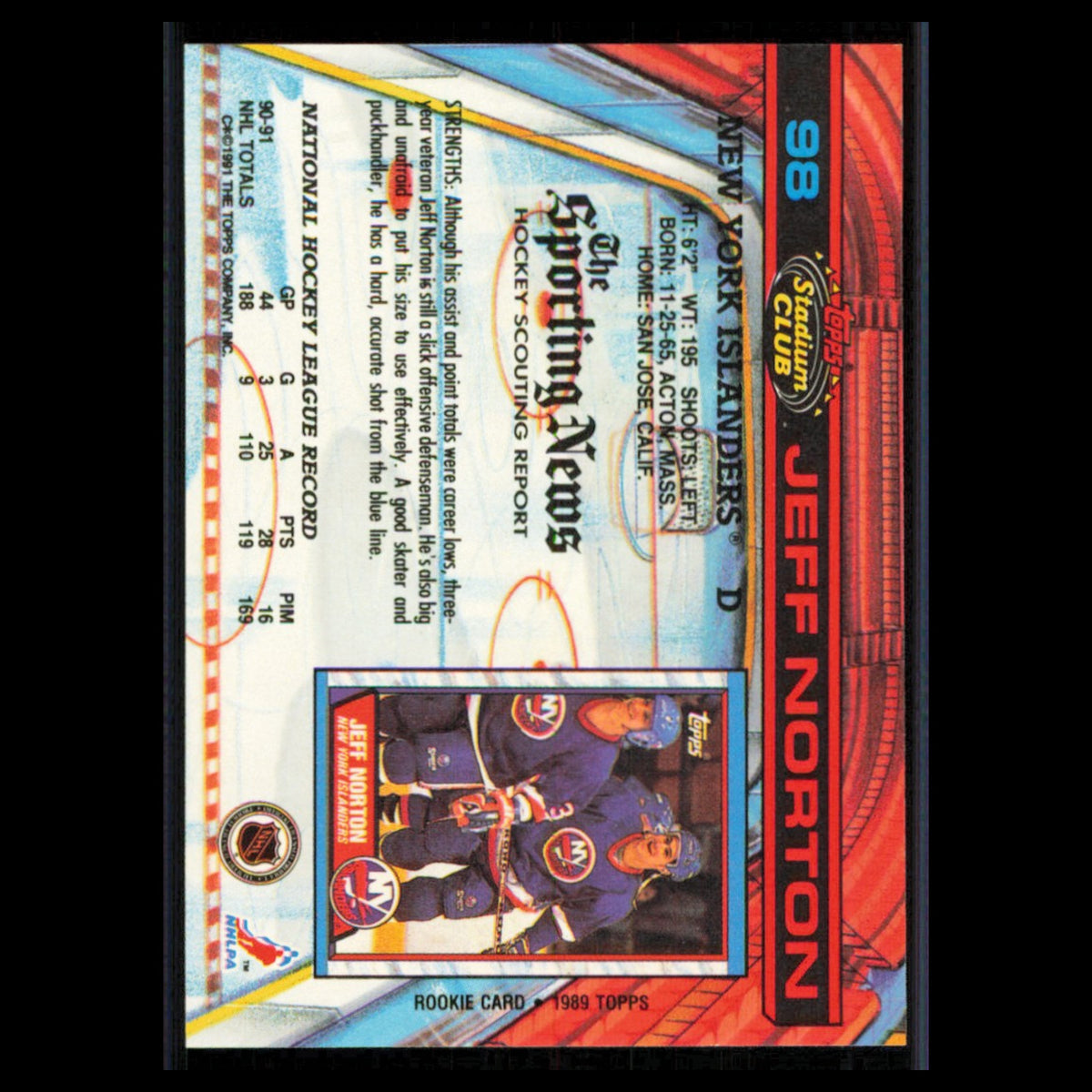 Jeff Norton #98 1991 Topps Stadium Club New York Islanders Hockey Card NHL NM