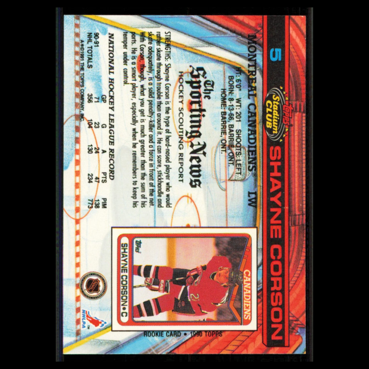 Shayne Corson #5 1991 Topps Stadium Club Montreal Canadiens Hockey Card NHL NM