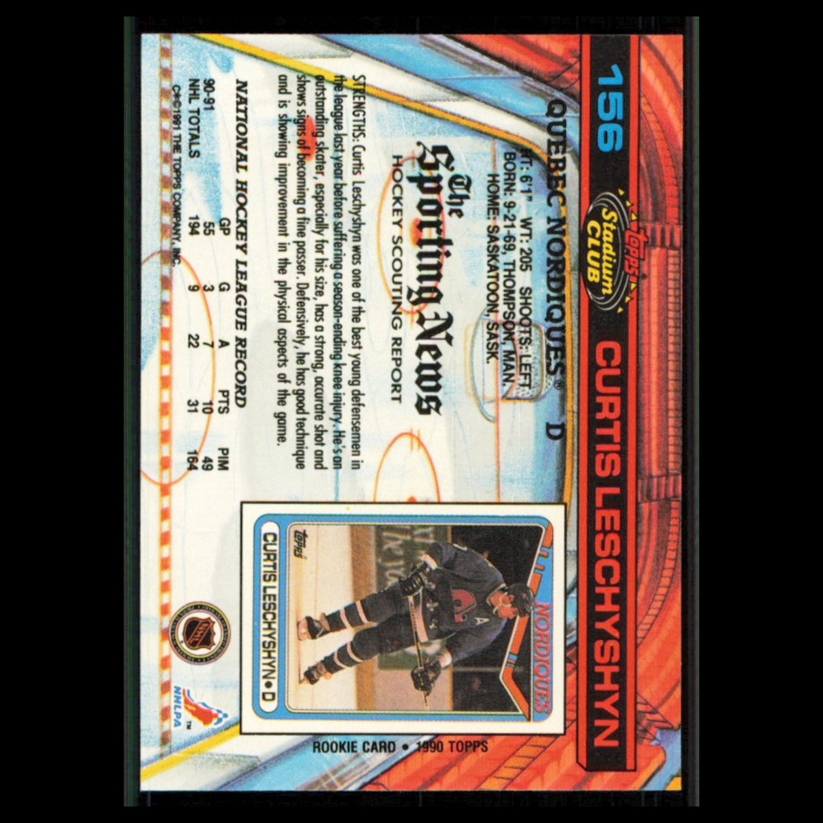 Curtis Leschyshyn #156 1991 Topps Stadium Club Quebec Nordiques Hockey Card NHL