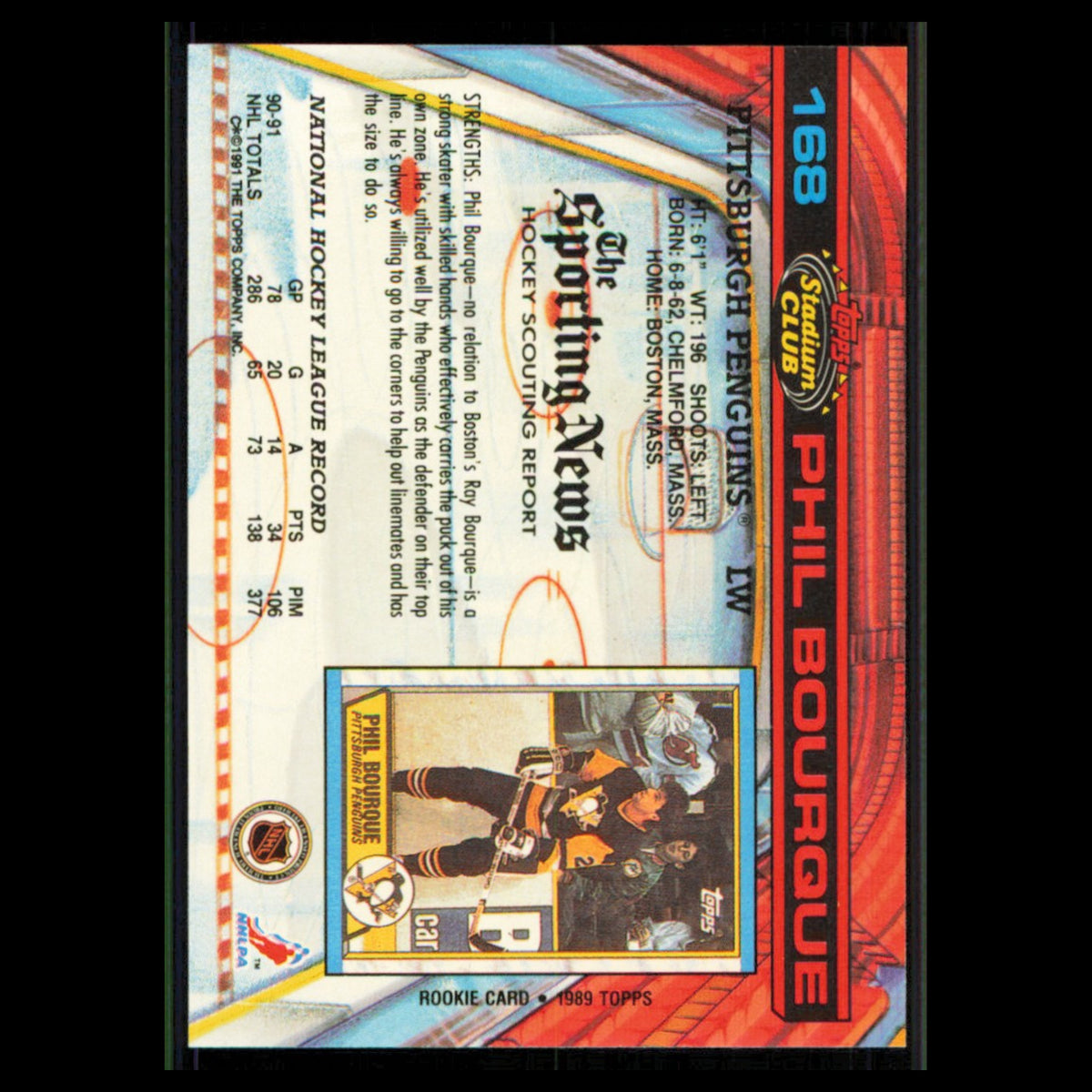 Phil Bourque #168 1991 Topps Stadium Club Pittsburgh Penguins Hockey Card NHL NM