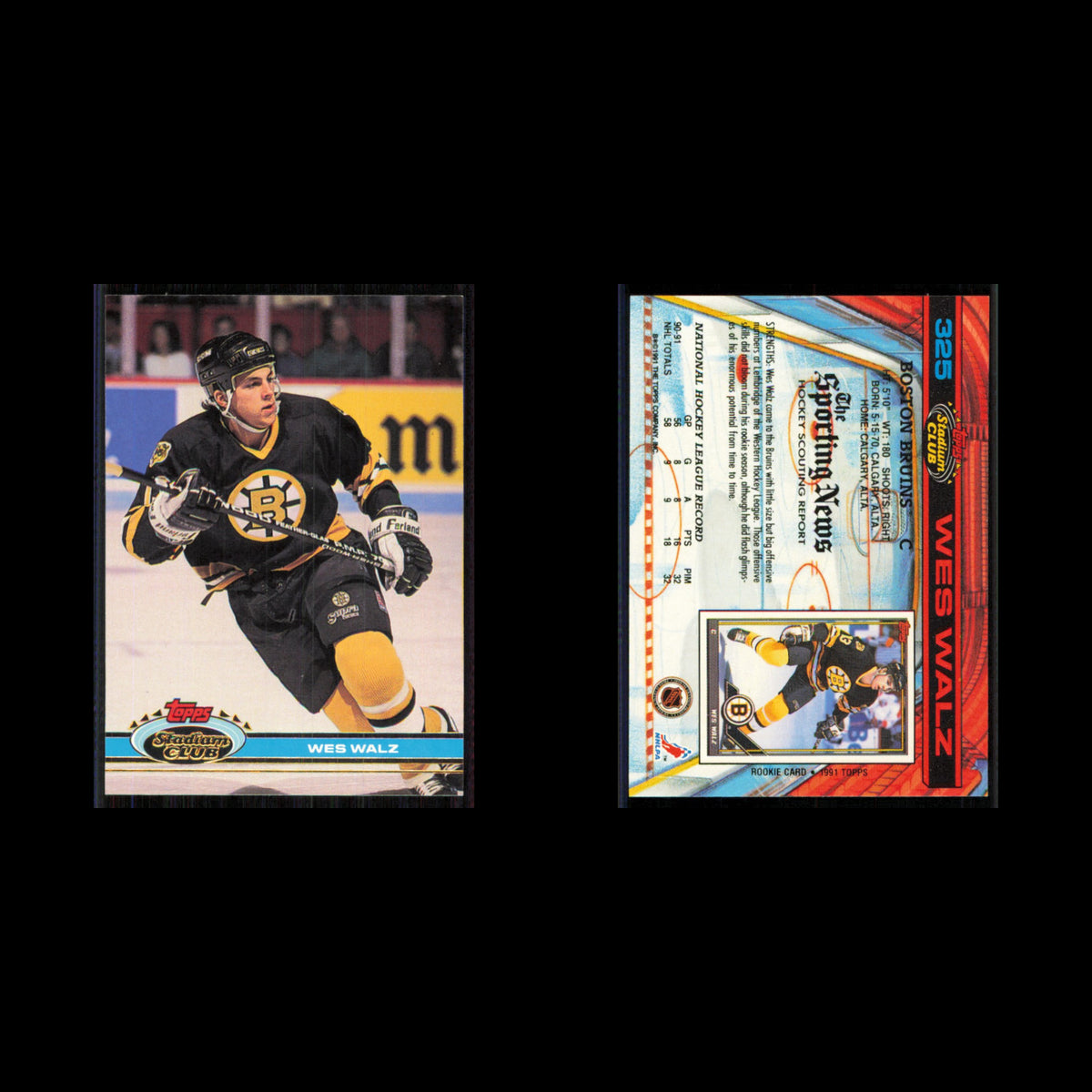 Wes Walz #325 1991 Topps Stadium Club Boston Bruins Hockey Card NHL NM