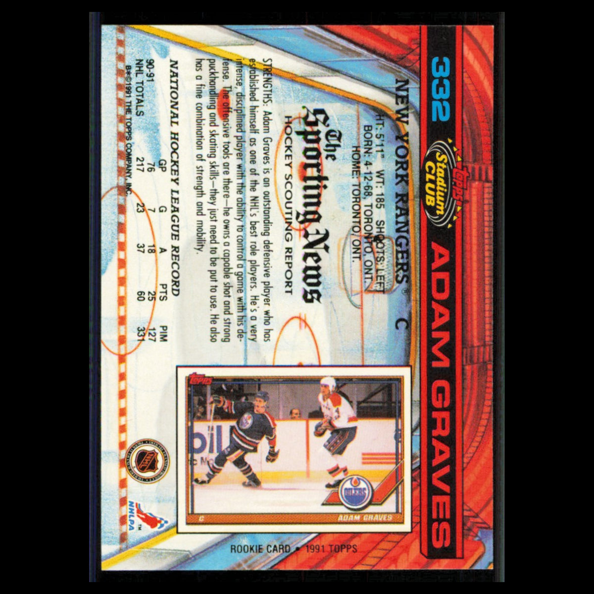 Adam Graves #332 1991 Topps Stadium Club New York Rangers Hockey Card NHL NM