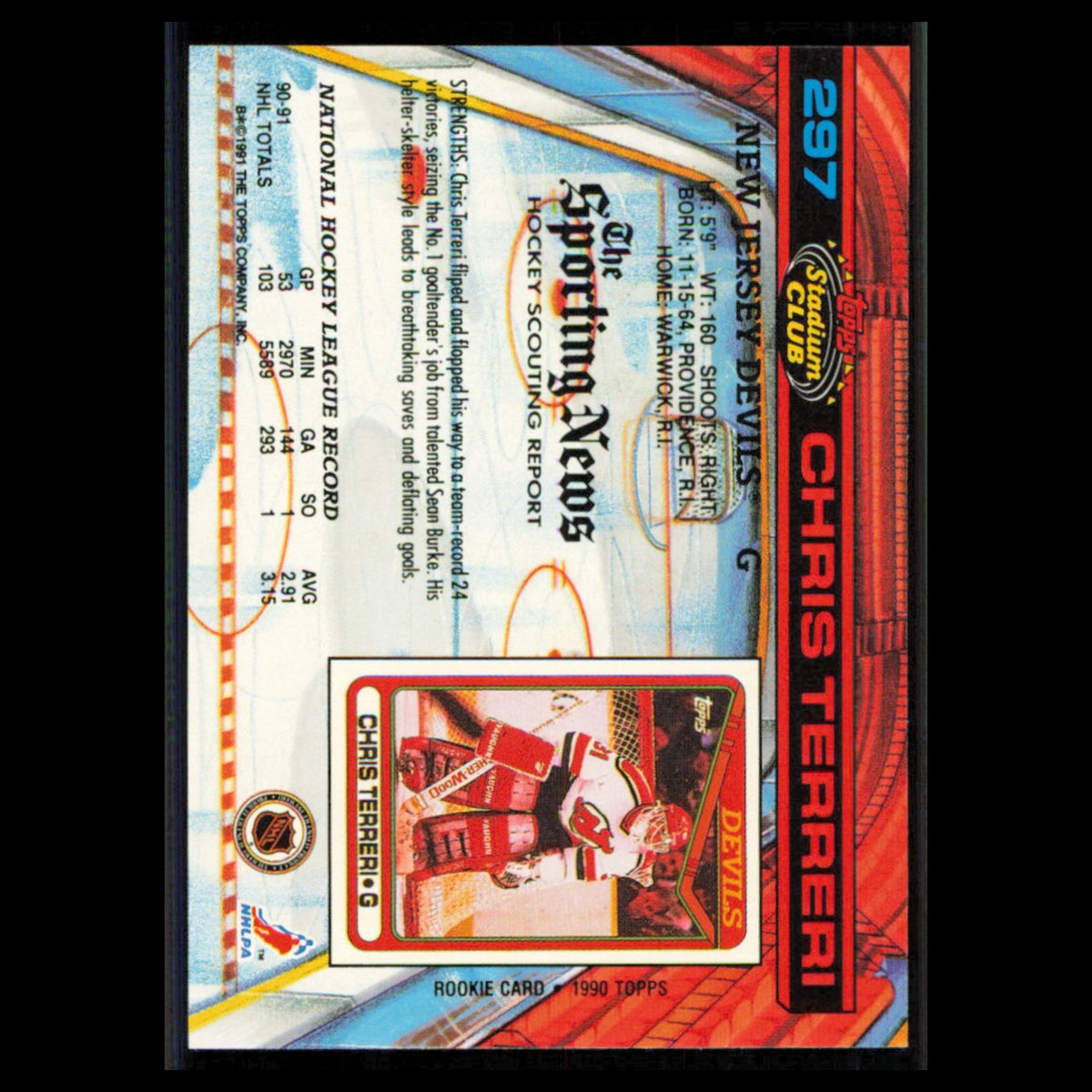 Chris Terreri #297 1991 Topps Stadium Club New Jersey Devils Hockey Card NHL NM