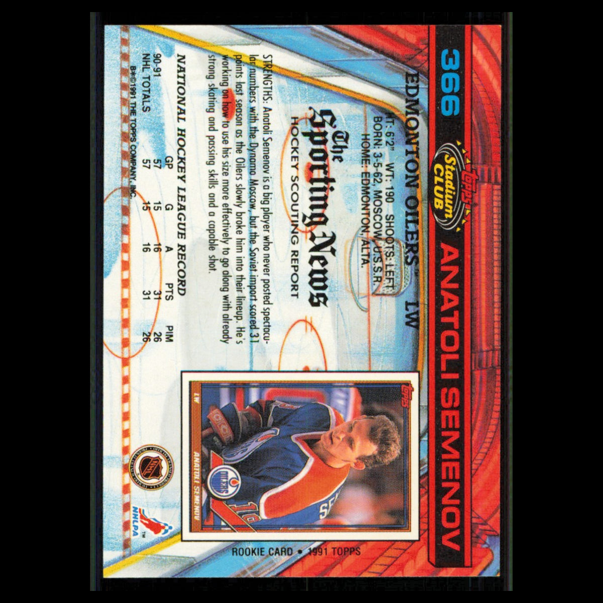 Anatoli Semenov #366 1991 Topps Stadium Club Edmonton Oilers Hockey Card NHL NM