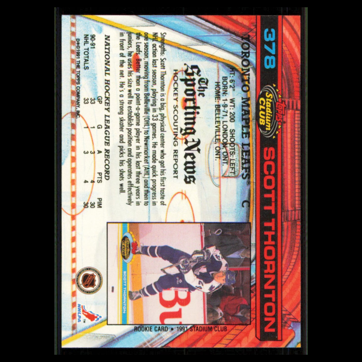 Scott Thornton #378 1991 Topps Stadium Club Toronto Maple Leafs Hockey Card NHL