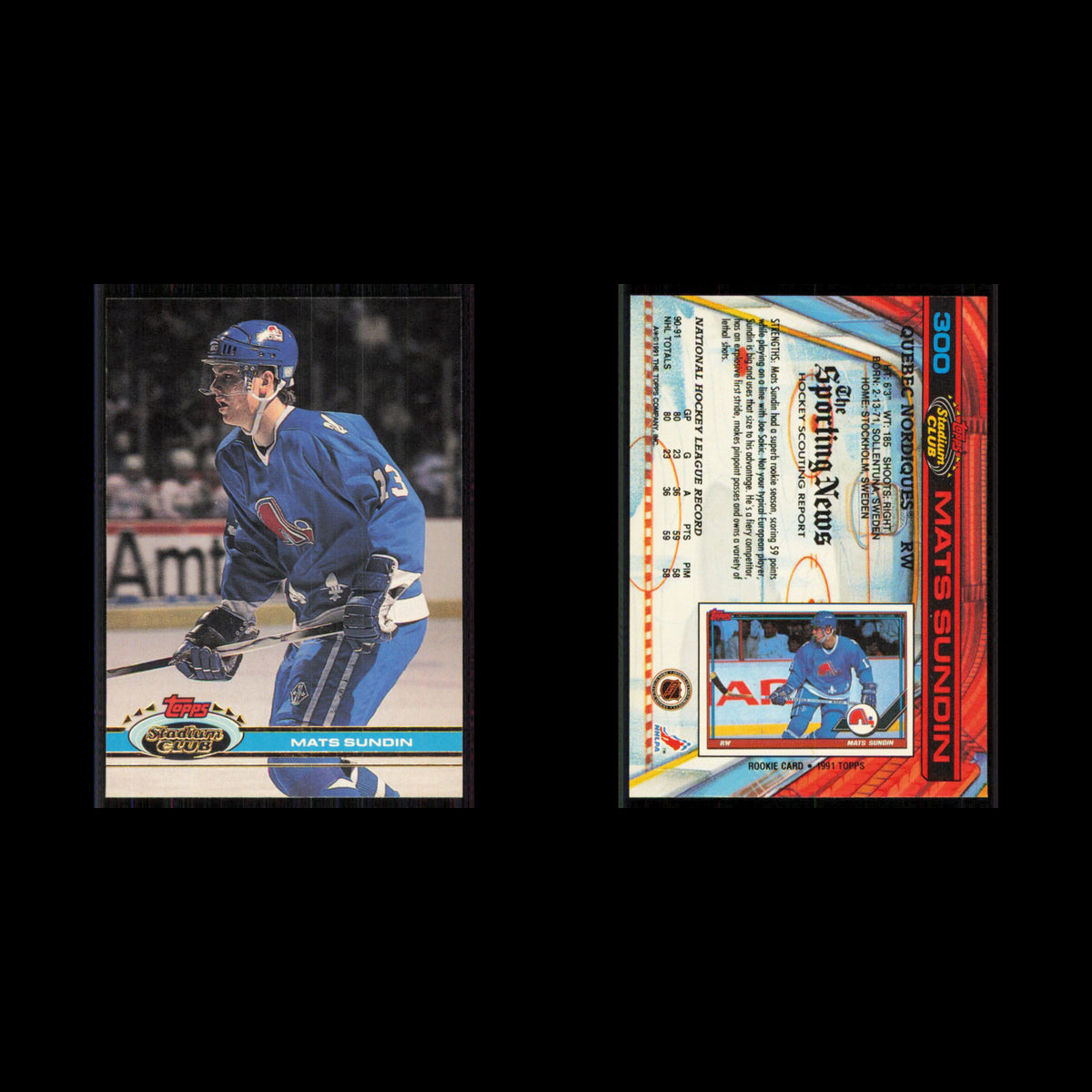 Mats Sundin #300 1991 Topps Stadium Club Quebec Nordiques Hockey Card NHL NM