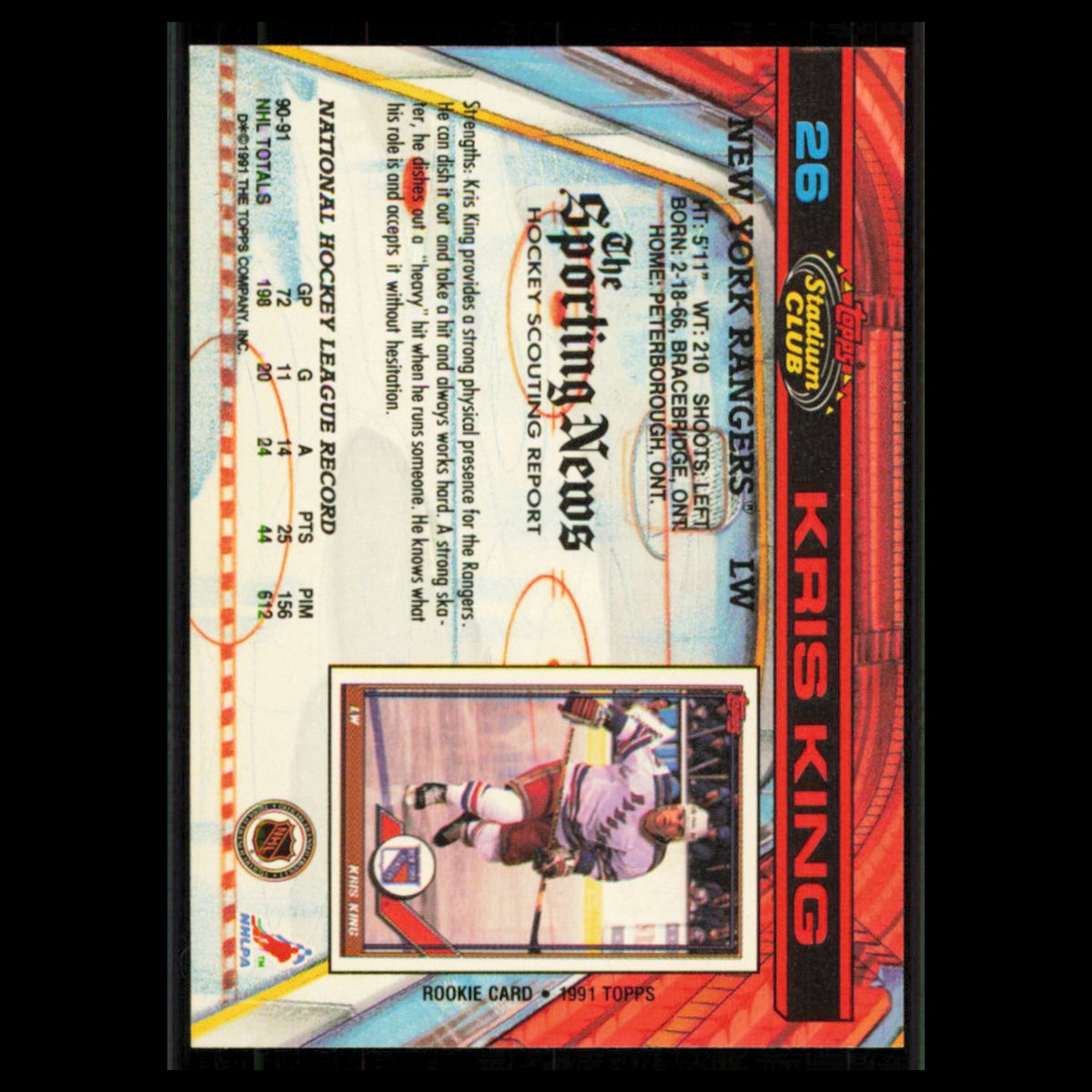 Kris King #26 1991 Topps Stadium Club New York Rangers Hockey Card NHL NM