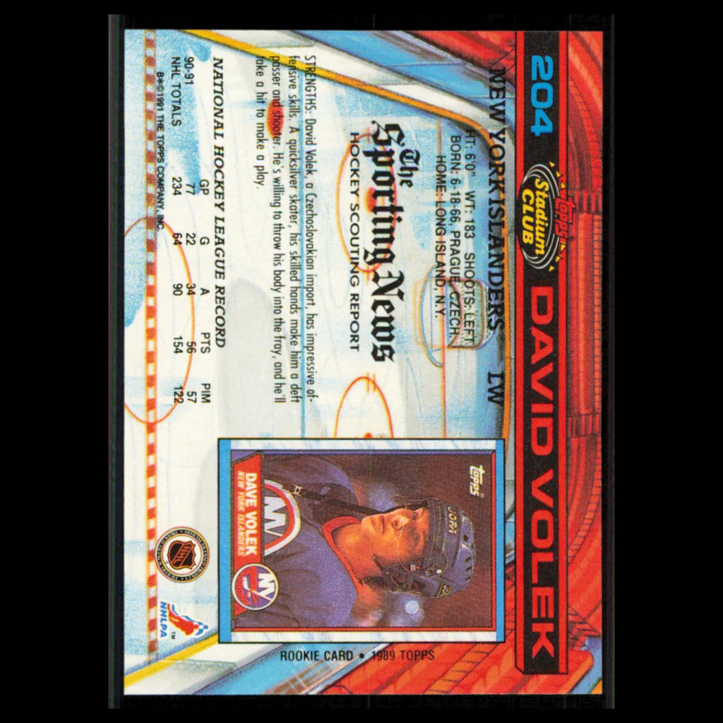 David Volek #204 1991 Topps Stadium Club New York Islanders Hockey Card NHL NM