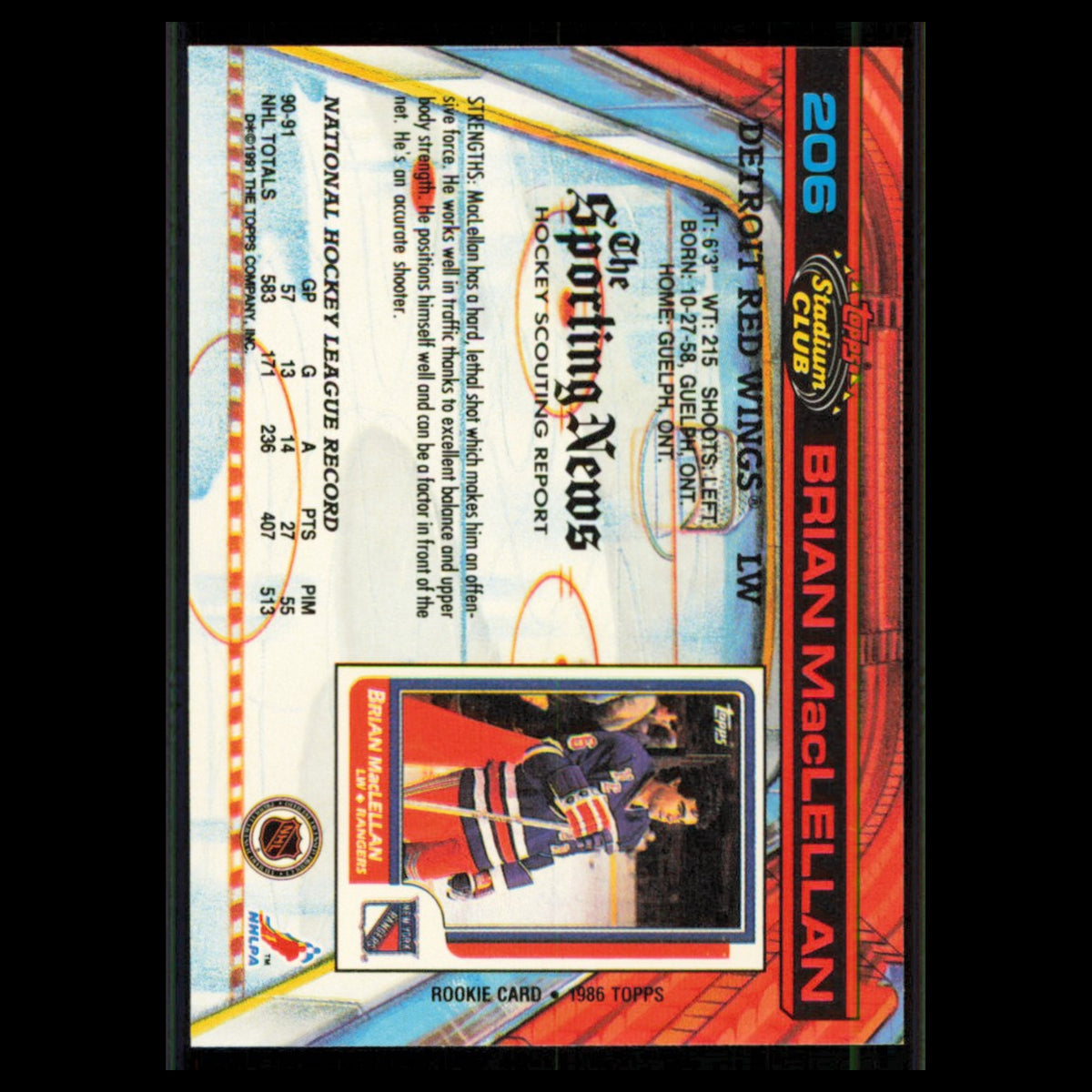 Brian MacLellan #206 1991 Topps Stadium Club Detroit Red Wings Hockey Card NHL